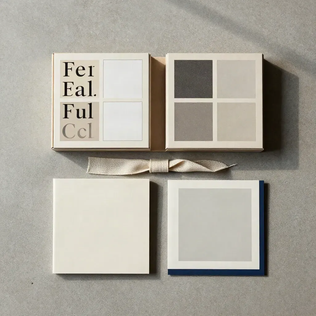 Overhead flatlay of a modular font pairing box with serif and sans cards, ribbon, and swatch folders.