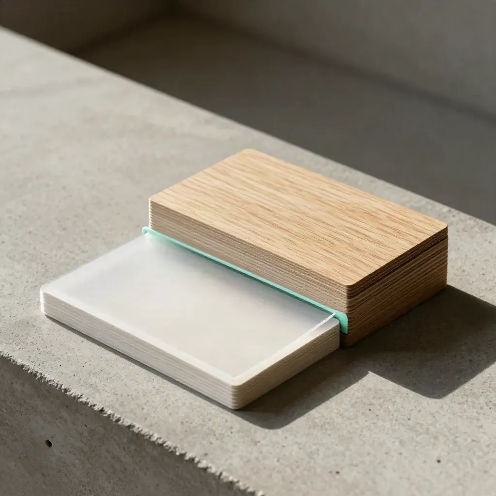 Overhead flatlay of stacked typography cards, sleeve and walnut divider on concrete.