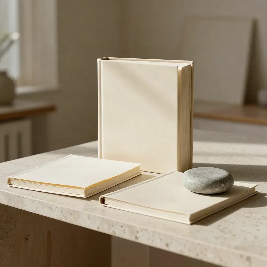 Cream serif portfolio with ivory booklets and a stone paperweight on travertine.