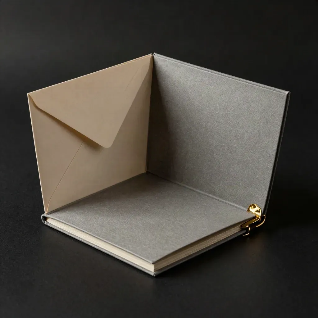 Dark clasp folio, envelope, and folded card on a matte-black surface with dramatic rim light.