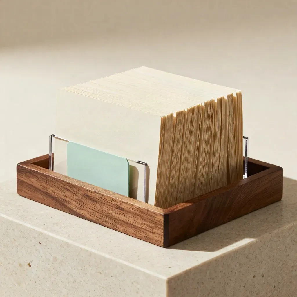 Stacked web-font specimen cards fanning open beside a brushed-metal spine on travertine.