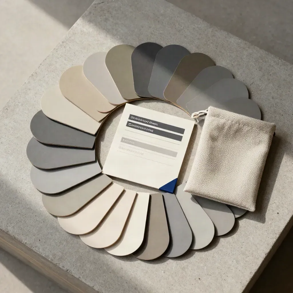 Overhead flatlay of type tokens, card tiles and a folded pouch in a spiral on concrete.