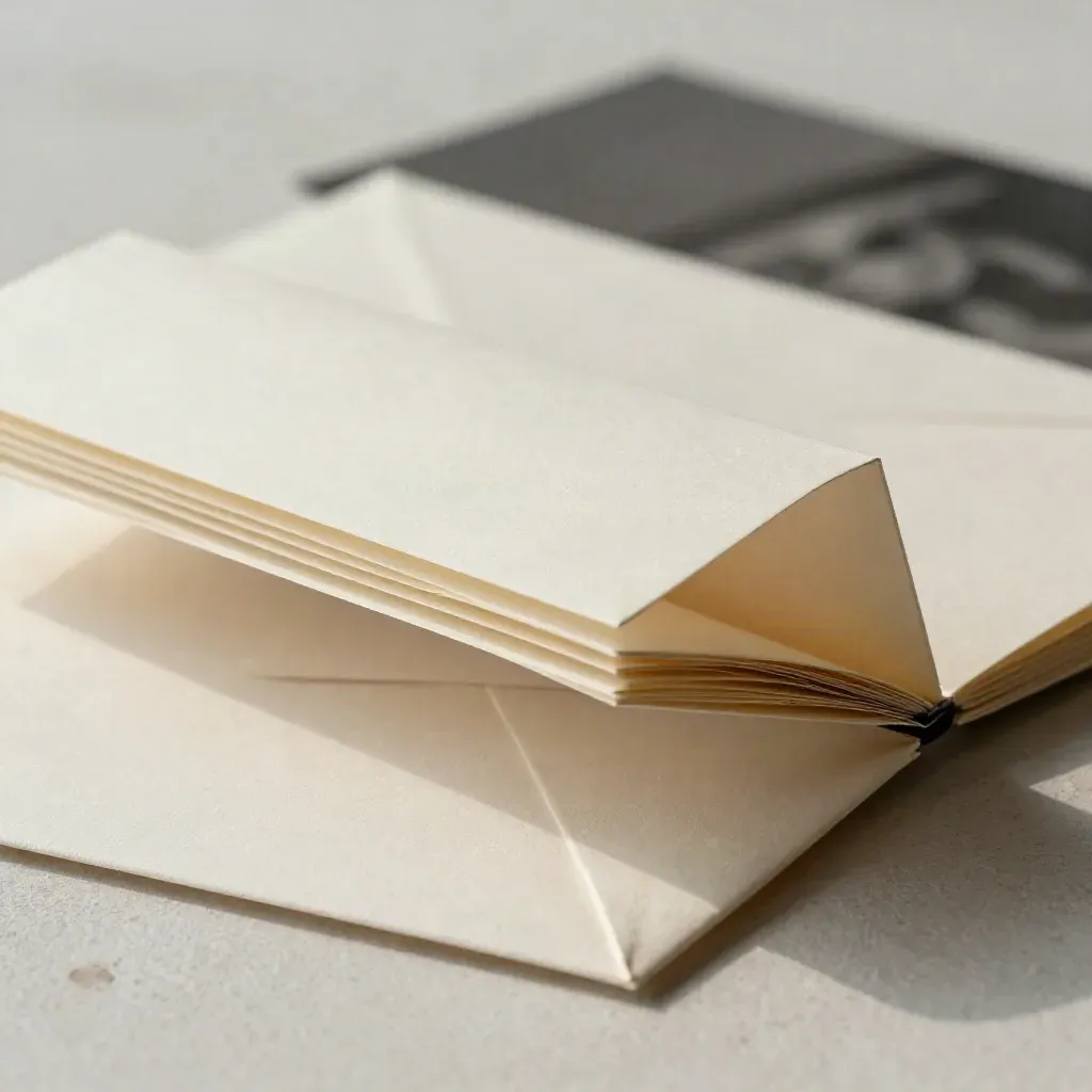 Macro of a folded folio, envelope and paper band slipping free on a light neutral surface.