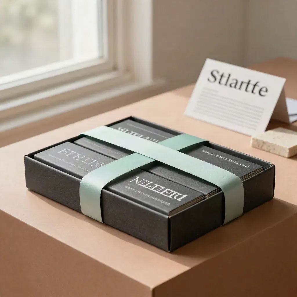Unbranded typography kit with three sleeves, mint ribbon and limestone block on a bright plinth.