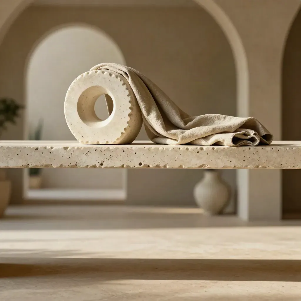 Travertine shelf with a ligature sculpture, linen drape, and airy architectural backdrop.