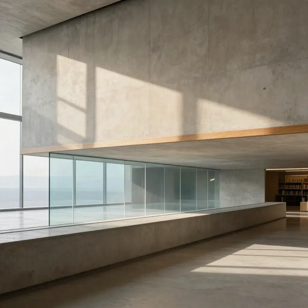 Pale concrete corridor with brushed glass and sunlit reflections, calm lower space for copy.