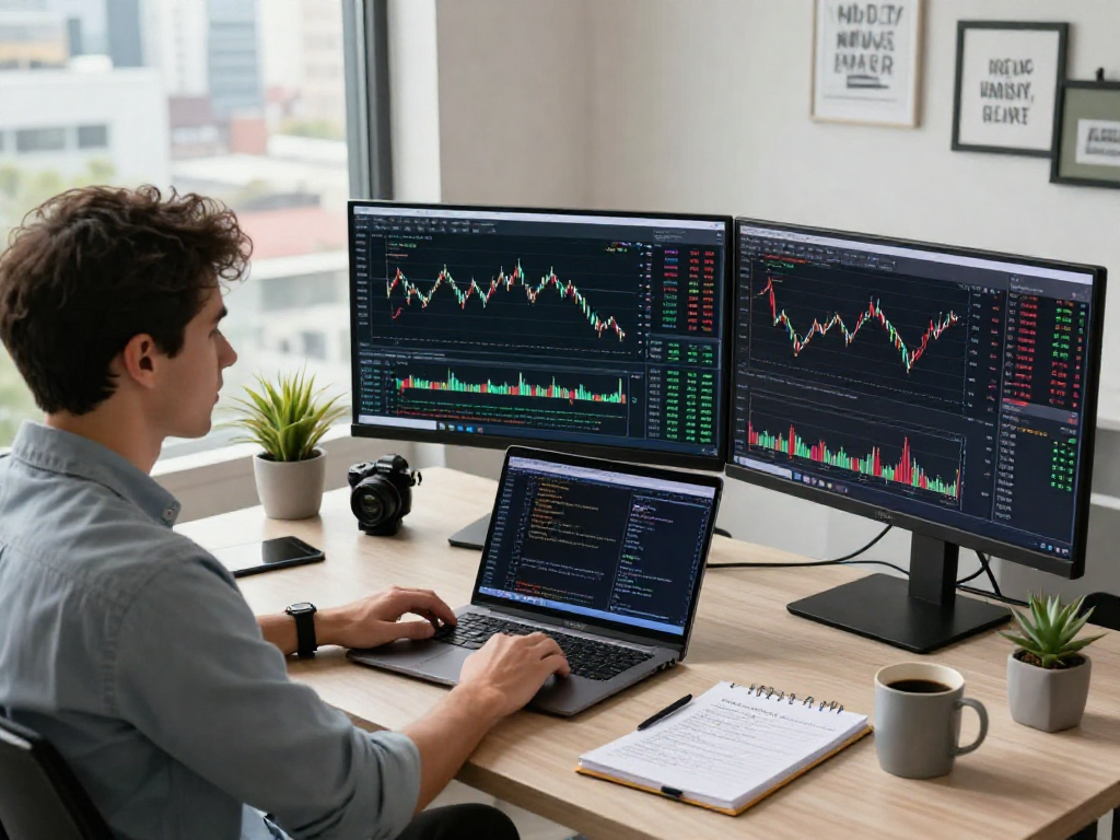Trader utilizing MetaTrader 5 in a professional trading workspace with analytics and market data on multiple screens.