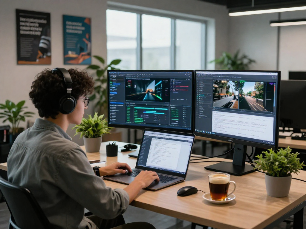 Content moderation expert using an ai image detector in a modern workspace, analyzing AI-generated images.